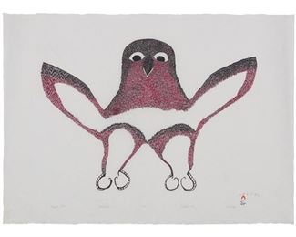 2097
Kenojuak Ashevak
1927-2013, Inuit
"Purple Owl," 1999
Lithograph in colors on laid Japanese paper
Printer's proof from the edition of unknown size
Signed, titled, dated and variously inscribed in pencil in the lower margin; with an unidentified red and black ink stamp in the lower margin, at right
Image: 15" H x 20.75" W; Sheet: 20" H x 28" W
Estimate: $400 - $600