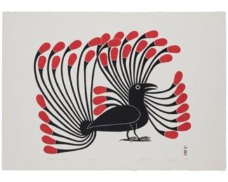 2096
Kenojuak Ashevak
1927-2013, Inuit
"Tulugaq Nunavummi," 1999
Color lithograph on paper under Plexiglas
An artist's proof aside from the edition of unknown size
Signed in both English and Inuktitut, titled, dated and inscribed, all in pencil in the lower margin: Kenojuak
Image: 19.25" H x 24.5" W approx.; Sheet: 24.5" H x 35.25" W
Estimate: $1,000 - $2,000