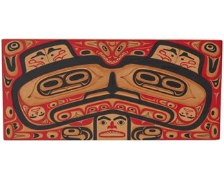2100
Mike Epp (B. 1962, Tsimshian)
A carved polychrome panel
Inscribed verso: "Bear Brothers" / Mike Epp / Tsymsyeen Nation / Metlakatla B.C.; Label affixed verso: Bear Brothers / Mike Epp / Tsimshian / Yellow Cedar
Carved wall panel in yellow cedar with red and black painted features and highlights
11.375" H x 24.375" W x 1.25" D
Estimate: $400 - $600