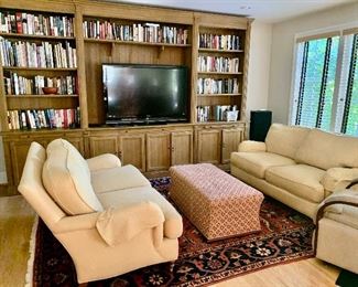 Kellogg Collection Down filled loveseats, Hand woven rug, Vandersteen Model 1 speakers