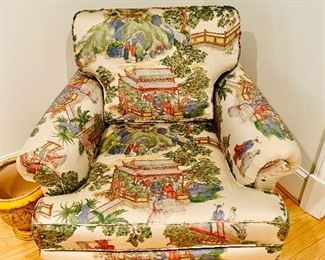 Rolled arm club chair in custom decorator fabric- one of 2 available