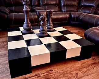 Mid Century Checkered Coffee Table (Chess Pieces and Sectional not for sale) This table does have nics and scratches from age and wear. It is more of a beige than white color, than the picture shows.