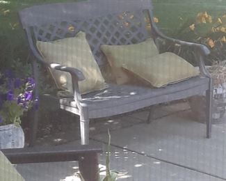 Cast aluminum bench, basket weave pattern