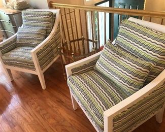 Wesley Hall custom upholstered pair designer armchairs