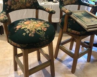 Pair upholstered swivel bar stools