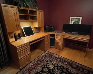 3 piece desk arrangement ~ Desk on right, 30"H x 50,5"W x 27"D, was $225, Now $125.  Desk on left, 30"H x 60.5"W x 27"D (hutch, 69"H, is removable),  was $295, NOW $125; Corner piece, 33" x 33" x 30"H,  was $125, NOW $75