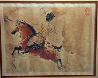 Chinese painting of horse and rider oval chop - seal upper right
