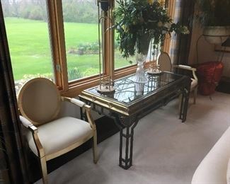 1. CONTEMPORARY UPHOLSTERED ARMCHAIRS (PAIR) 2. GLASS-TOPPED WROUGHT IRON SOFA TABLE/CONSOLE/LIBRARY TABLE 
3. PAIR OF BRASS LAMPS 