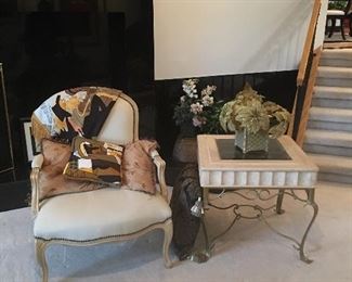 CONTEMPORARY FRENCH CHAIR. CONTEMPORARY  SIDE TABLE. PICASSO PILLOWS AND PICASSO THROW.