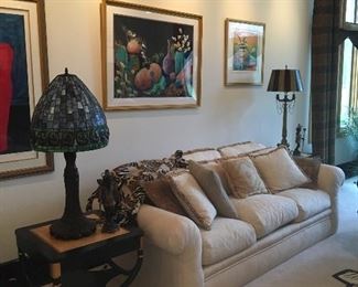 TIFFANY ART NOUVEAU STYLE LAMPS. DOWN FILLED DREXEL HERITAGE SOFAS. ZEBRA.