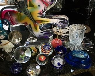 HAZIZA LUCITE SCULPTURE. CRYSTAL PAPERWEIGHTS, BACCARAT, STEUBEN, WATERFORD 