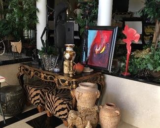 VESSELS, FRENCH DESK, ART, RAKU FIRED POTTERY, SCULPTURES, OTTOMAN PAIR.
