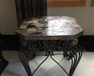 WROUGHT IRON BASE, "PATCHWORK"  VERSACE STYLE SIDE TABLE