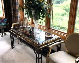 GLASS TOPPED WROUGHT IRON SOFA/CONSOLE TABLE 