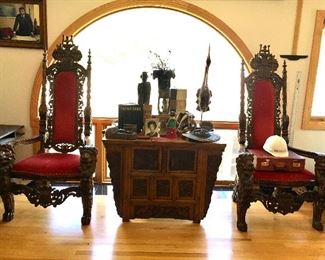 CARVED WALNUT THRONE CHAIRS 
ORIENTAL ALTER CHEST