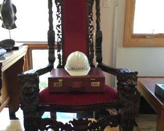CARVED THRONE CHAIRS (PAIR) 
WILLIAM E BRAZLEY BRIEFCASE & HARDHAT. 