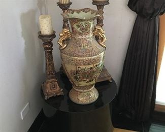 LARGE ORIENTAL VASE. GOLD LEAFED CANDELABRAS.