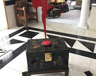 DREXEL ORIENTAL CHEST. SIGNED WARRINGTON SCULPTURE. 