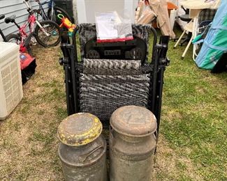 Gravity chair, vintage milk cans
