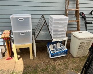Storage organizers, croquet set, ladder