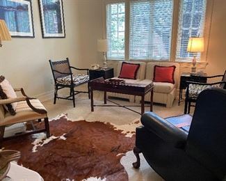 Pair armless chairs, pair of contemporary black lacquer chairs, great cowhide rug, leather recliner