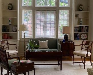 Pair of English arm chairs, lap box on stand, small English commode