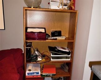 Miscellaneous office items, beautiful glass lamp, and solid wood bookcase