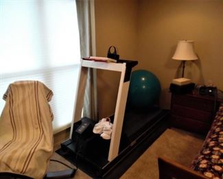 Treadmill, excercise ball, nightstand