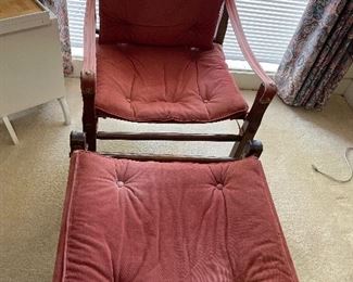 The folding co. Vintage wood and canvas chair and ottoman 