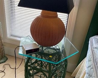 Pair of wicker end tables and lamps 