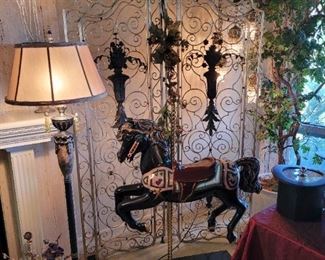 Wrought iron 2 panel screen, and a large S &S Woodcarvers Carousel Horse