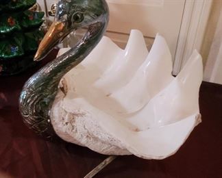 Large clam shell (24 in across) with bronze swan head feature