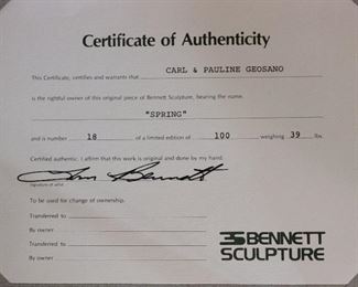 Certificate for the large woman bronze woman sculpture...18 of 100 limited edition