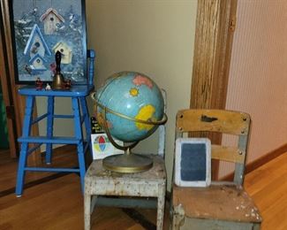 Vintage, school chairs, vintage globe, 