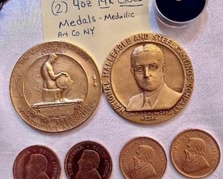 (4) 1 oz South African Gold Krugerrand Coins
(2) 4 oz 14K Gold Medals given to Grandfather for his contributions