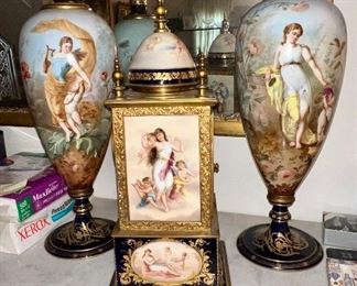 Victorian Hand Painted Vases & Clock