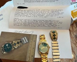 1978 Rolex Oyster Perpetual Datejust 18K Gold Watch in Case with aftermarket band and and aftermarket Jade 10K gold band, original box & Certificate of Appraisal.
1 crack (crazing) in dial from date window down 
Needs Cleaning
Serial # warn off in middle unsure if middle number is a 6 or 0. 