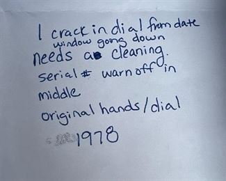 1978 Rolex Oyster Perpetual Datejust 18K Gold Watch in Case with aftermarket band and and aftermarket Jade 10K gold band, original box & Certificate of Appraisal.
1 crack (crazing) in dial from date window down 
Needs Cleaning
Serial # warn off in middle unsure if middle number is a 6 or 0. 