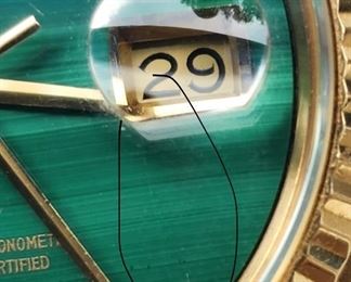 1978 Rolex Oyster Perpetual Datejust 18K Gold Watch in Case with aftermarket band and and aftermarket Jade 10K gold band, original box & Certificate of Appraisal.
1 crack (crazing) in dial from date window down 
Needs Cleaning
Serial # warn off in middle unsure if middle number is a 6 or 0. 