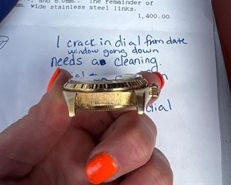 1978 Rolex Oyster Perpetual Datejust 18K Gold Watch in Case with aftermarket band and and aftermarket Jade 10K gold band, original box & Certificate of Appraisal.
1 crack (crazing) in dial from date window down 
Needs Cleaning
Serial # warn off in middle unsure if middle number is a 6 or 0. 