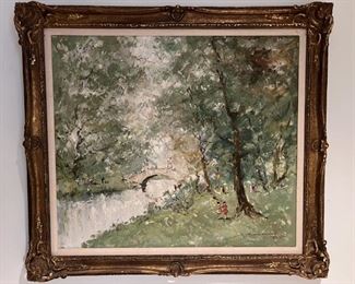 Impressionist City Park Scene Oil Painting in Dramatic Gold Frame