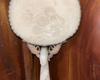 Vintage Carved Jade & Brass Vanity Mirror