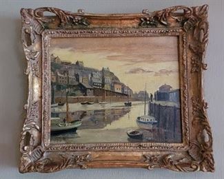 Harbor Oil on Canvas, Overstated Ornate Gold Frame