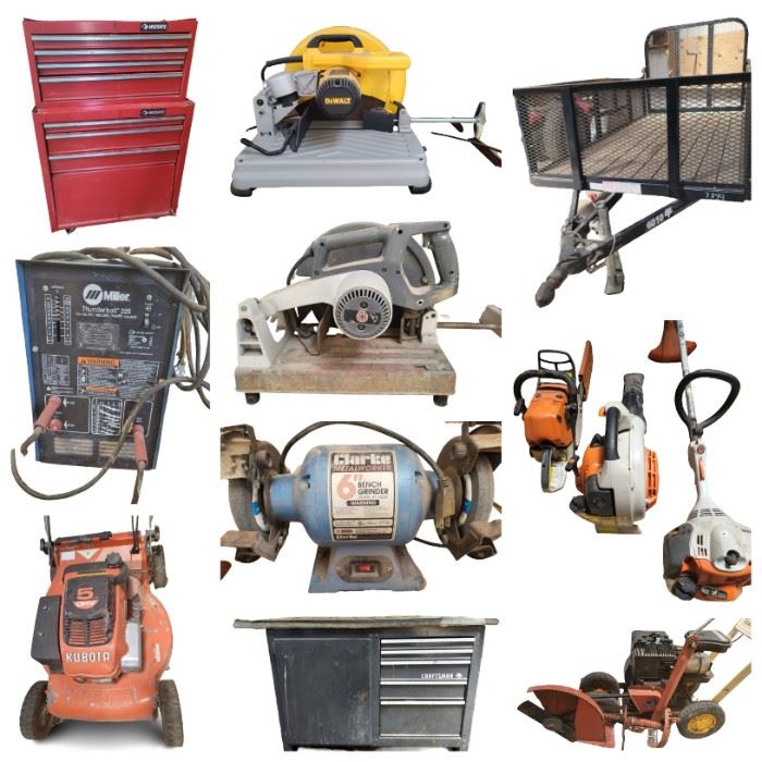 Utility Trailer - STIHL Gas Powered Equipment - Craftsman Sand Blaster - Craftsman Air Compressor - Quilts - Miller Thunderbolt 225v Arc Welder - DeWalt Chop Saw - McLane Lawn Edger - Tools - Resistol Cowboy Hats - Saddle with Saddle Pad - Kubota W5021 Lawnmower & More!