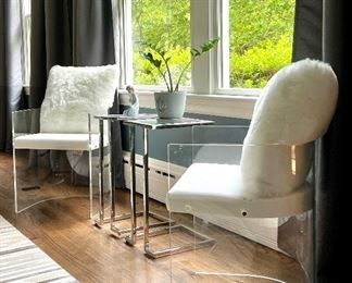 CB2 Lucite Barrel Back Chairs with White Upholstery