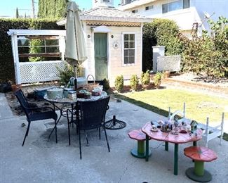 Two other patio furniture sets: one for adults, one for younger humans.