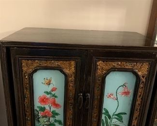 #7	(2)Vtg. Black Lacquer Chinese Painted side Tables w/reverse painted door - 21.5x12x22.5 sold as a pair	 $150.00 
