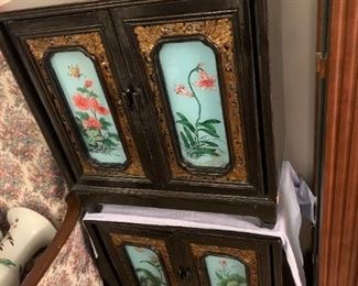 #7	(2)Vtg. Black Lacquer Chinese Painted side Tables w/reverse painted door - 21.5x12x22.5 sold as a pair	 $150.00 
