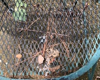 #26	Green Wrought Iron Round Patio Table w/4 chairs (1 chair as is seat) - 42" Round x29T	 $75.00 
