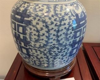 #46	Vtg. Blue & White Dbl Happiness & Longivity Quing Dynasty 9" w/Lid & Stand	 $250.00 
